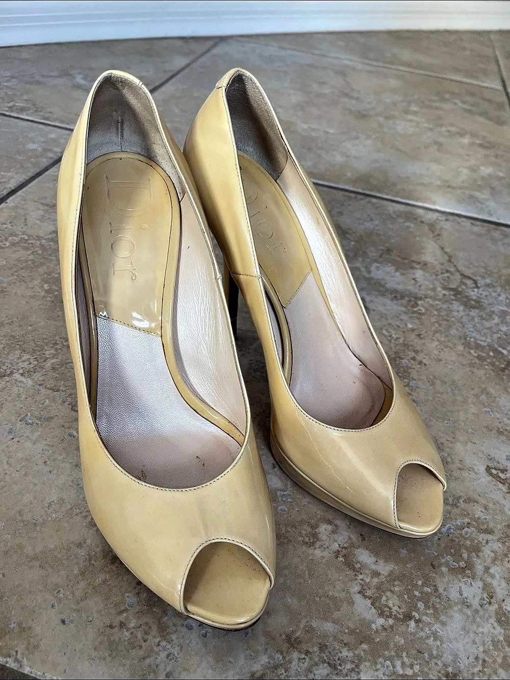 Christian Dior Yellow Patent Peep-Toe Heels • Size 38.5